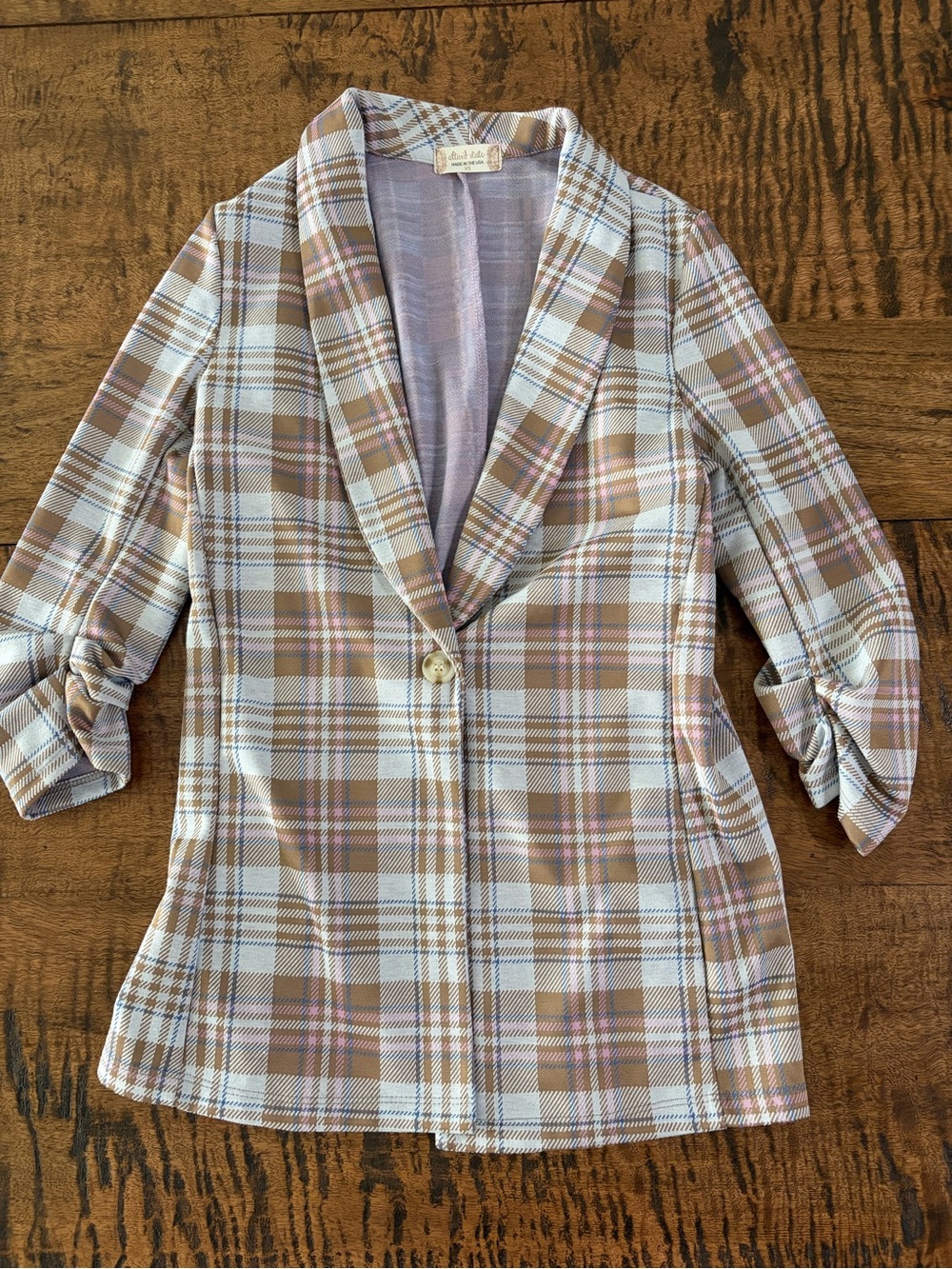 Altar'd State Plaid Single-Button Blazer with Ruched 3/4 Sleeves - Size XS